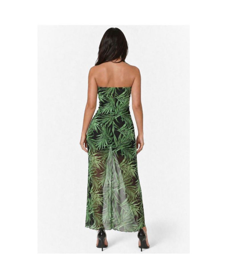 Women's Printed Mesh Twist Waist Strapless Maxi Dress