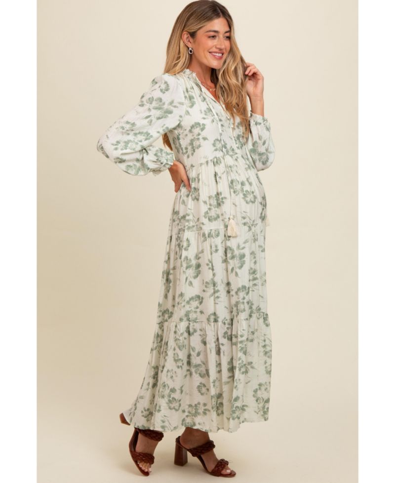 Women's Black Floral Button Front Tiered Long Sleeve Maxi Dress