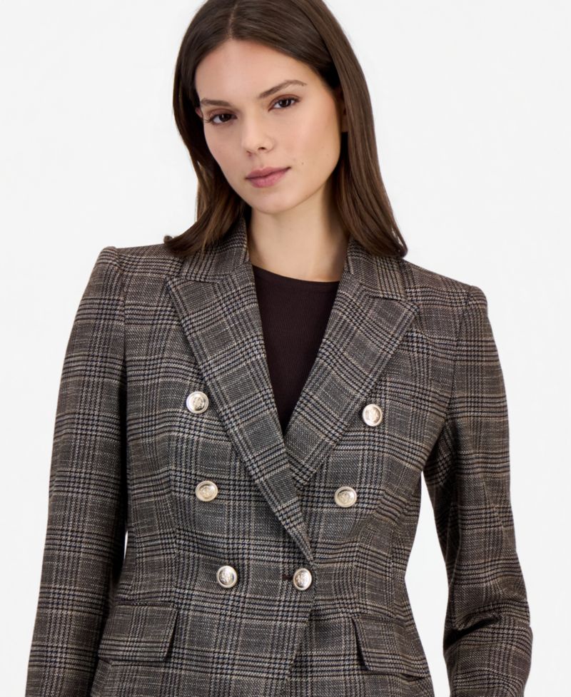 Petite Double Breasted Plaid Stretch Blazer