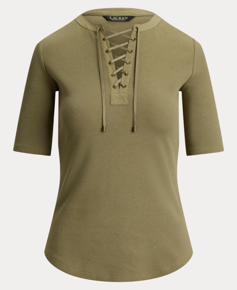 Women's Crewneck Lace-Up Ribbed Elbow-Sleeve T-Shirt