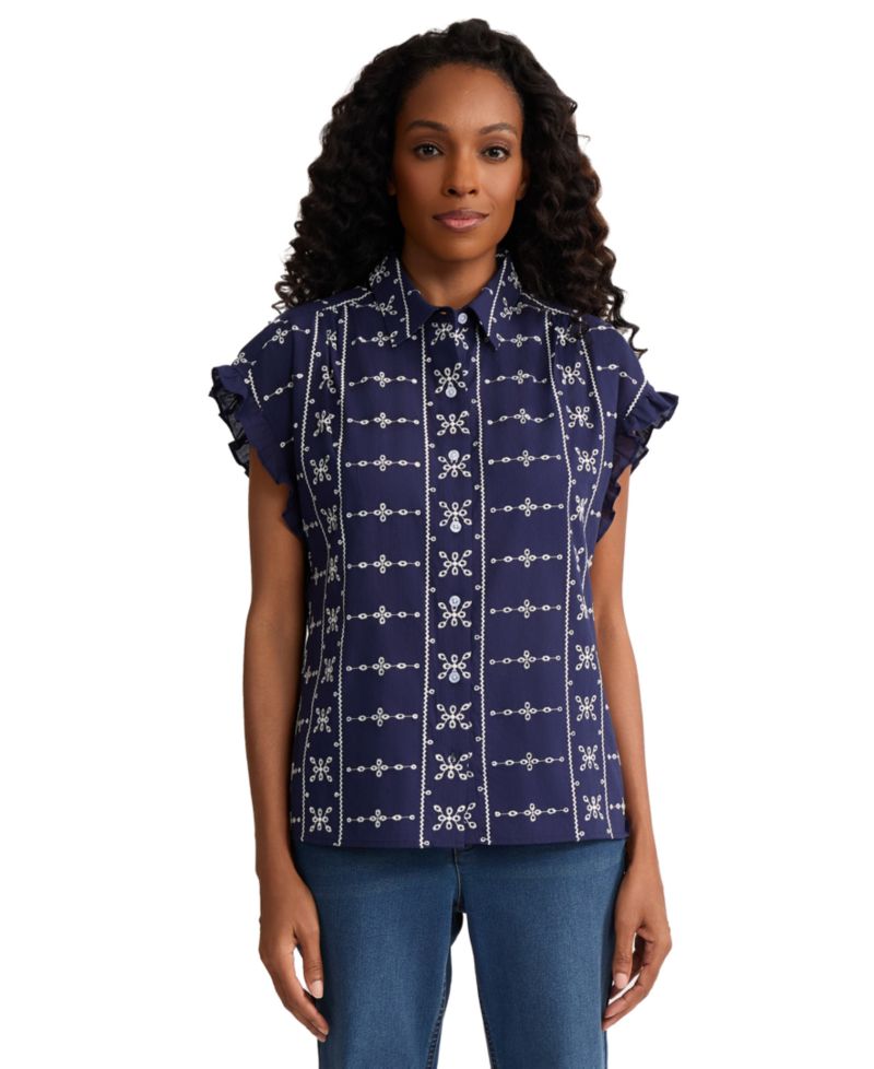 Petite Collared Button-Front Flutter Short-Sleeve Top