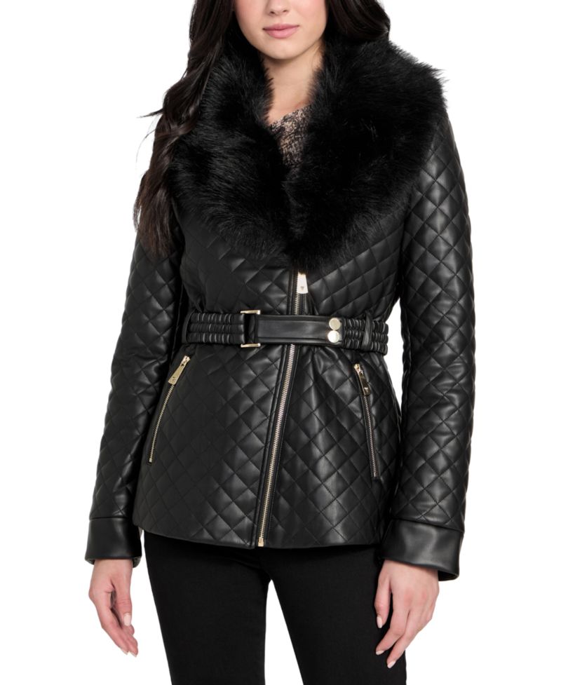 Women's Quilted Faux-Fur-Collar Faux-Leather Jacket