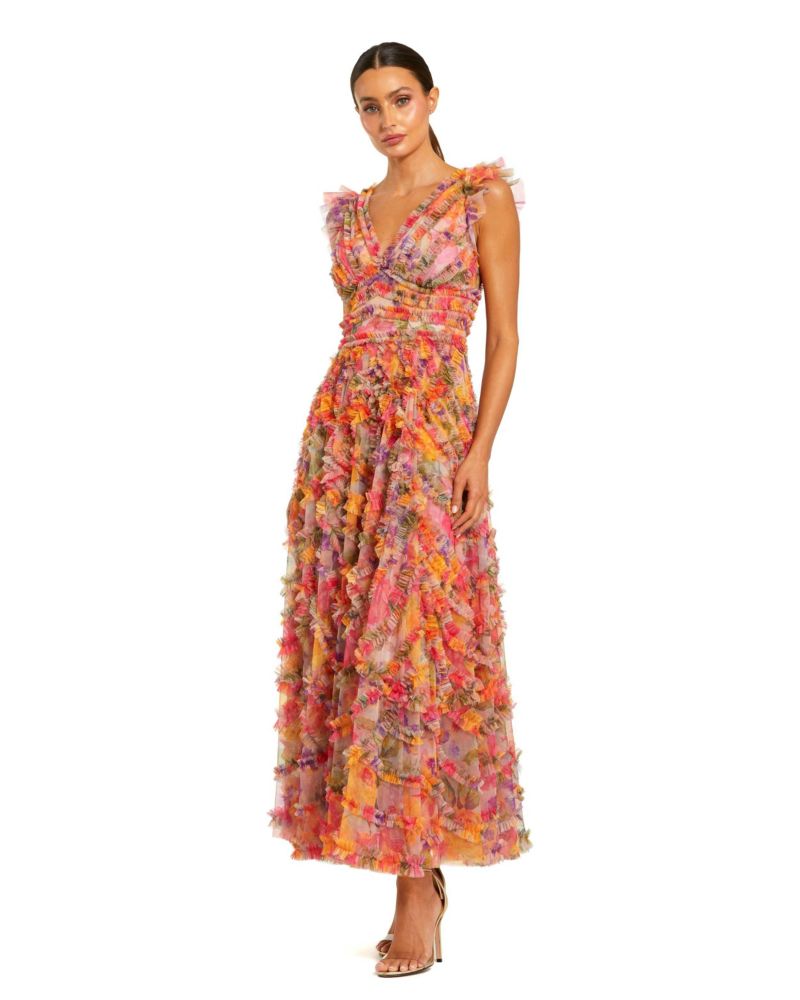 Women's Floral Mesh Ruffle V Neck Ankle Dress