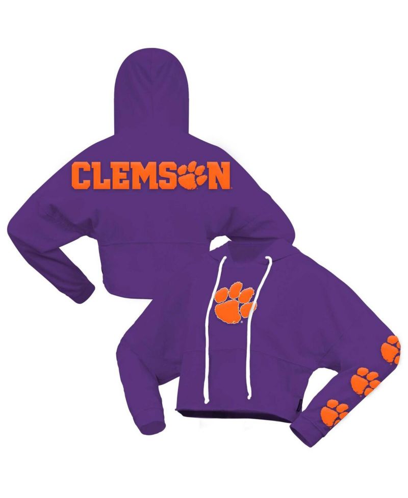 Women's Purple Clemson Tigers Oversized Cropped Pullover Hoodie