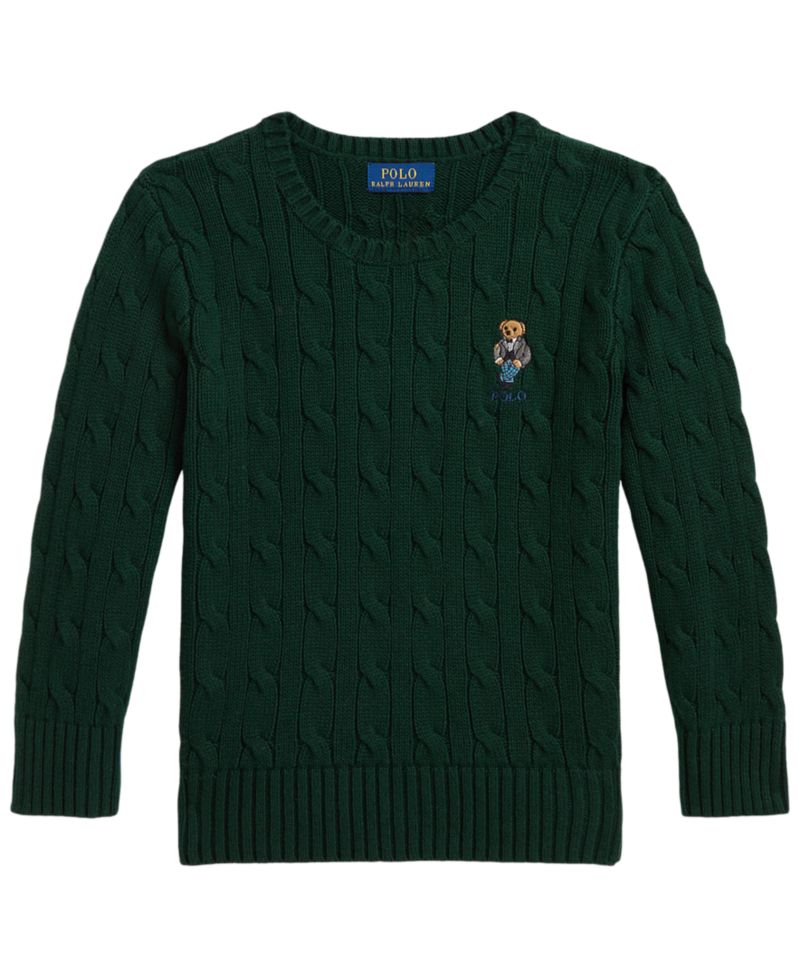 Boys' 2T-7 Polo Bear Cable-Knit Crewneck Sweater