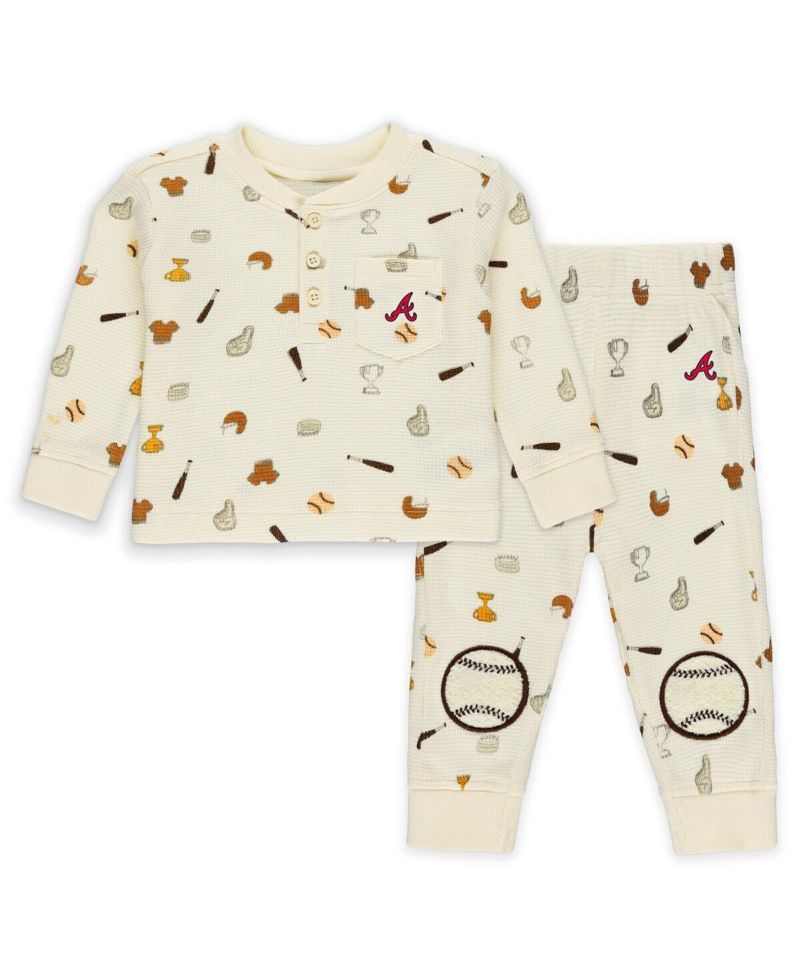 Baby Boys and Girls Cream Atlanta Braves Two-Piece Waffle-Knit Sleep Set