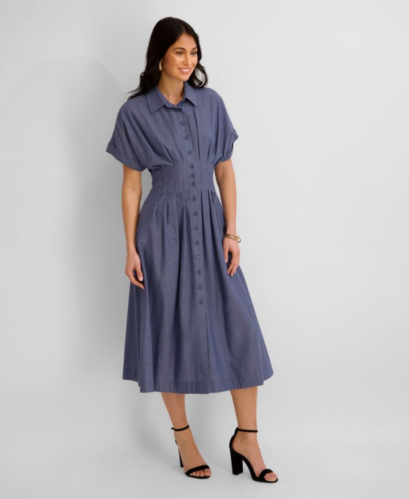Women's Button-Front Short-Sleeve Midi Shirt-Dress