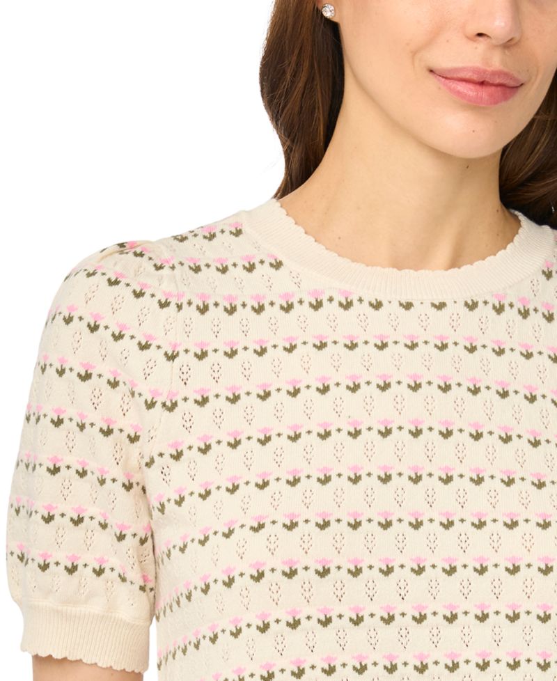 Women's Floral Pointelle Short-Sleeve Crewneck Pullover
