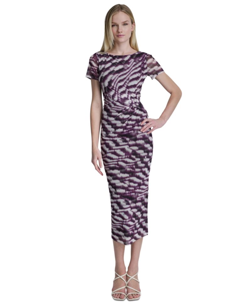Women's Printed Side Knot Mesh Midi Dress