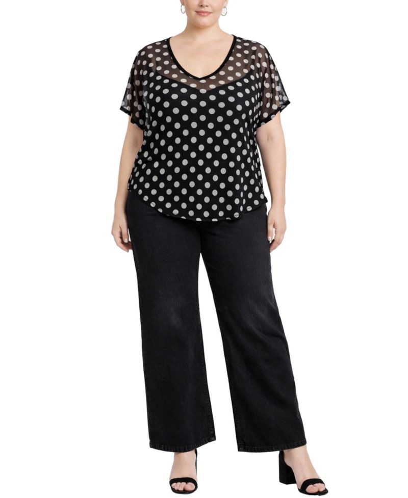 Plus Size Polka Dot Mesh Rolled-Sleeve Top