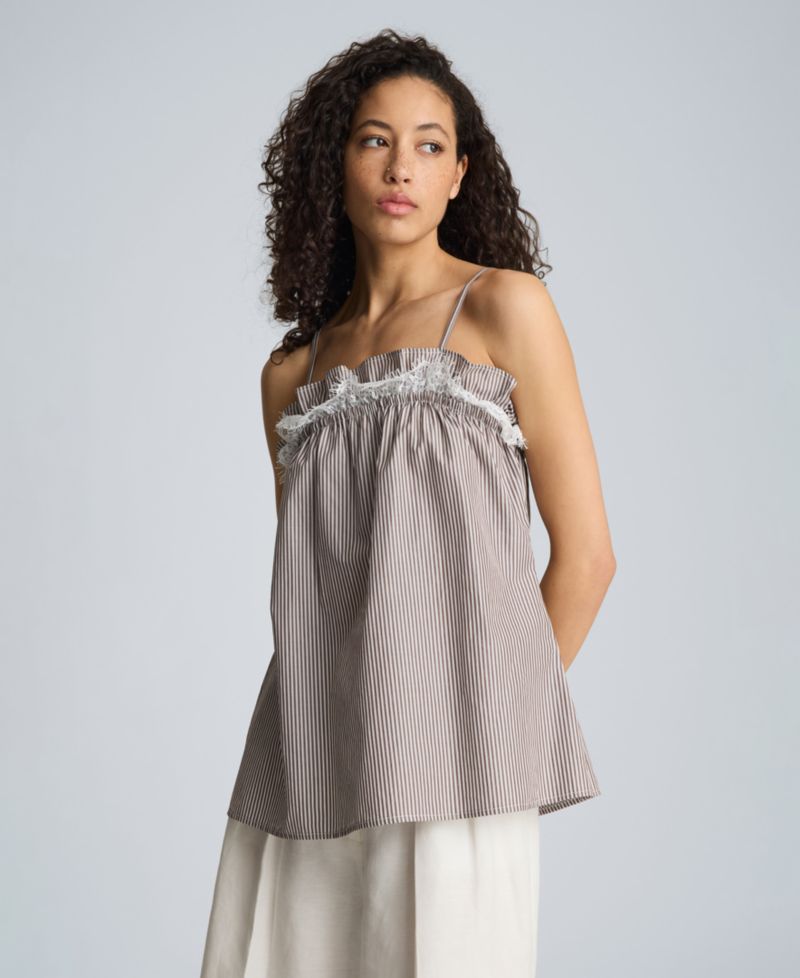 Women's Cotton Shirred Neck Lace Trim Camisole