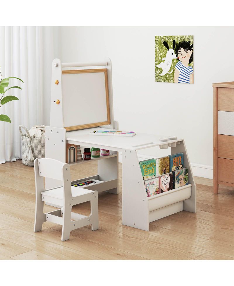 Kids Art Table and Chair Set with Easel Whiteboard Chalkboard Paper