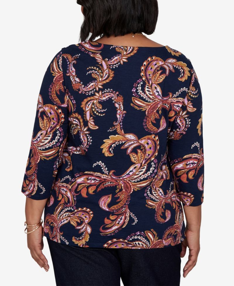 Plus Size Paisley 3/4-Sleeve Boat-Neck T-Shirt