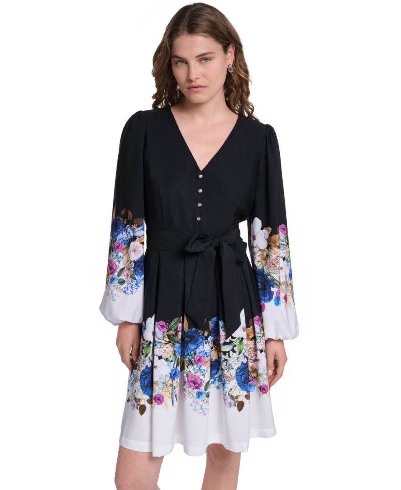 Women's Floral Long-Sleeve Self-Tie Button-Front Dress
