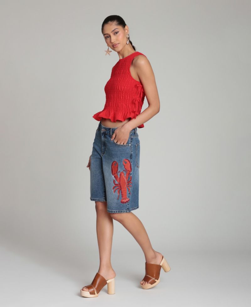 Women's Mid-Rise Lobster Embroidered Denim Shorts