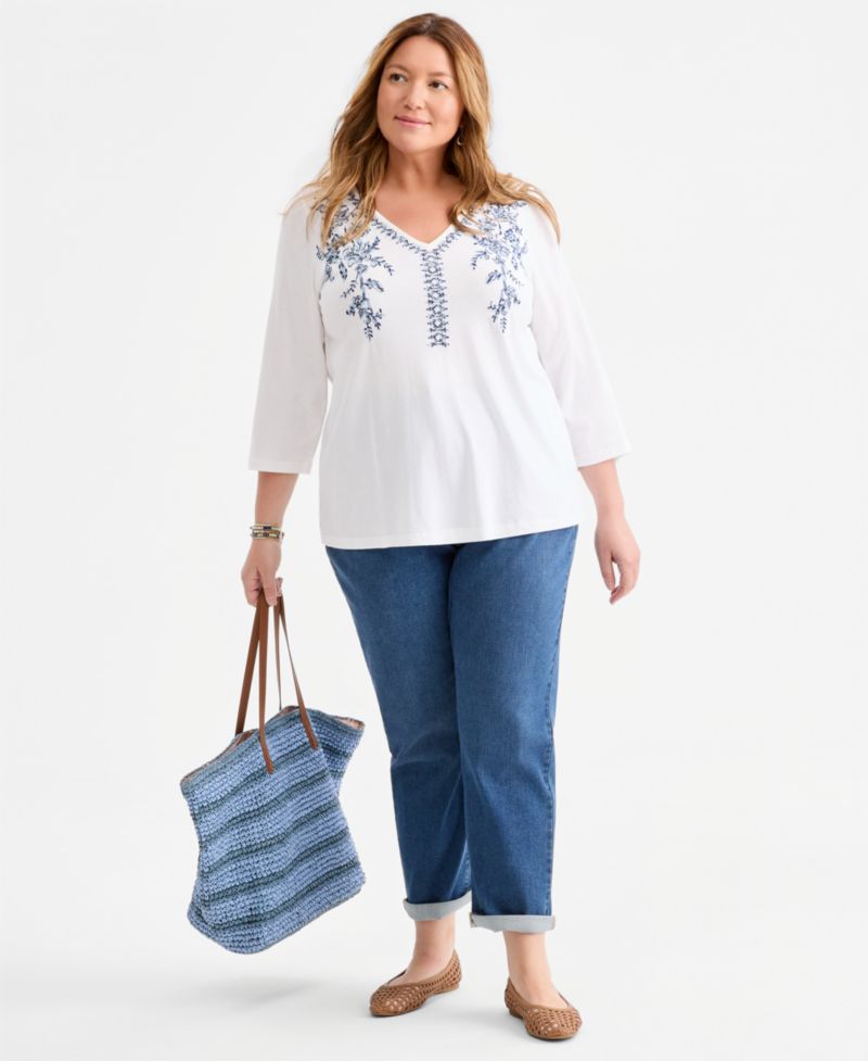 Plus Long-Sleeve Embroidered Knit Top