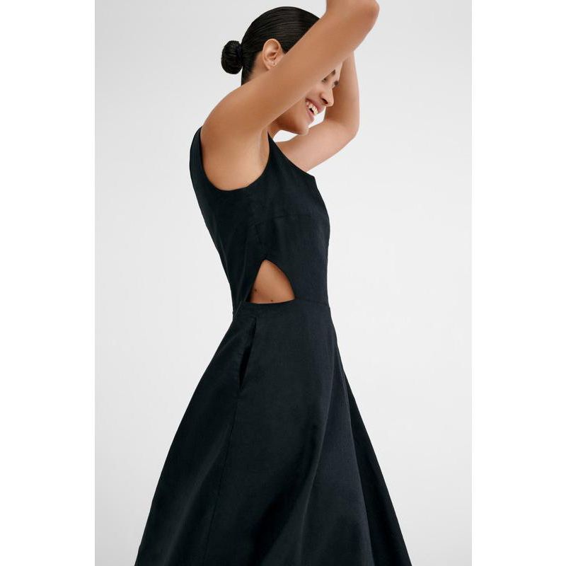 Women's Caroline Linen-Cotton Waist-Cutout A-Line Below-Knee Dress with Pockets