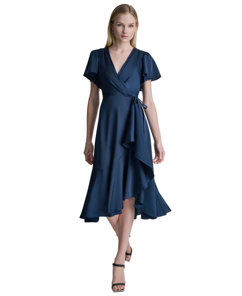 Women's Side Tie Faux Wrap Midi Dress
