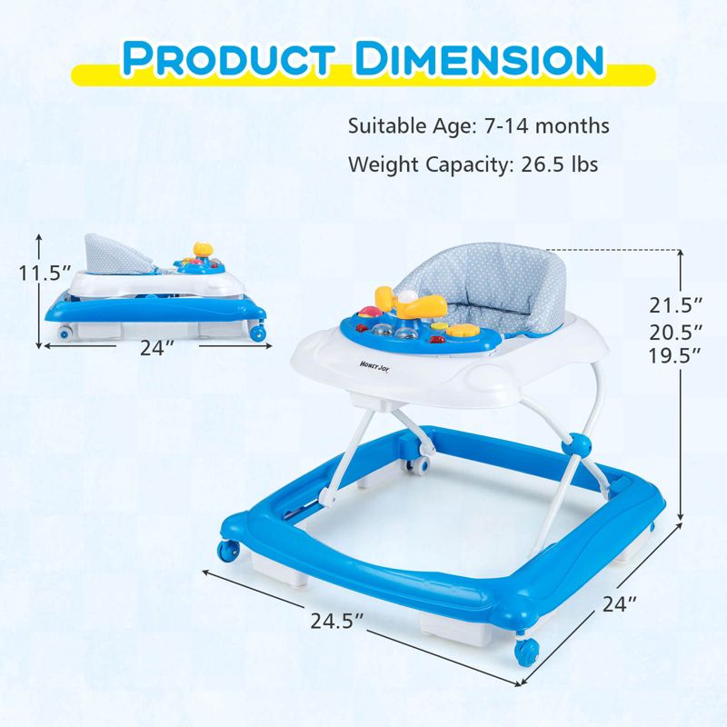 Foldable Baby Walker with 3 Adjustable Heights Comfy Padded Seat