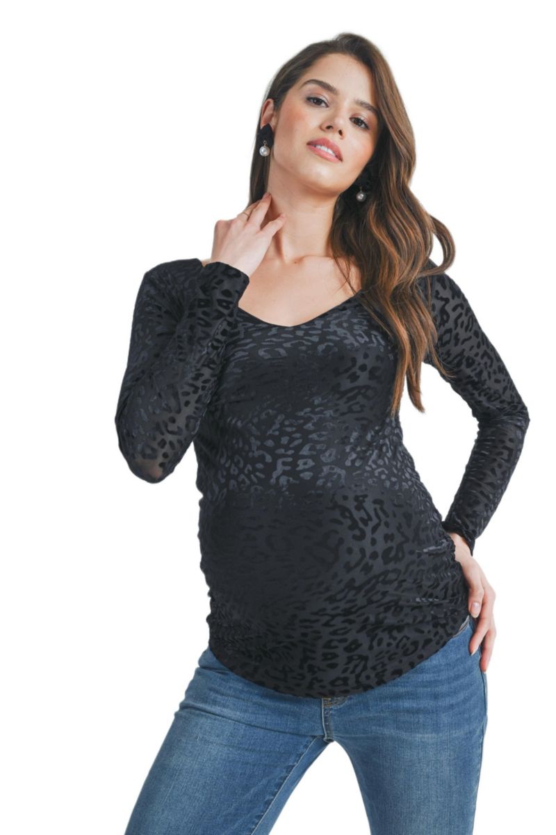 Women's Leopard Print Velvet Long Sleeve Maternity Top