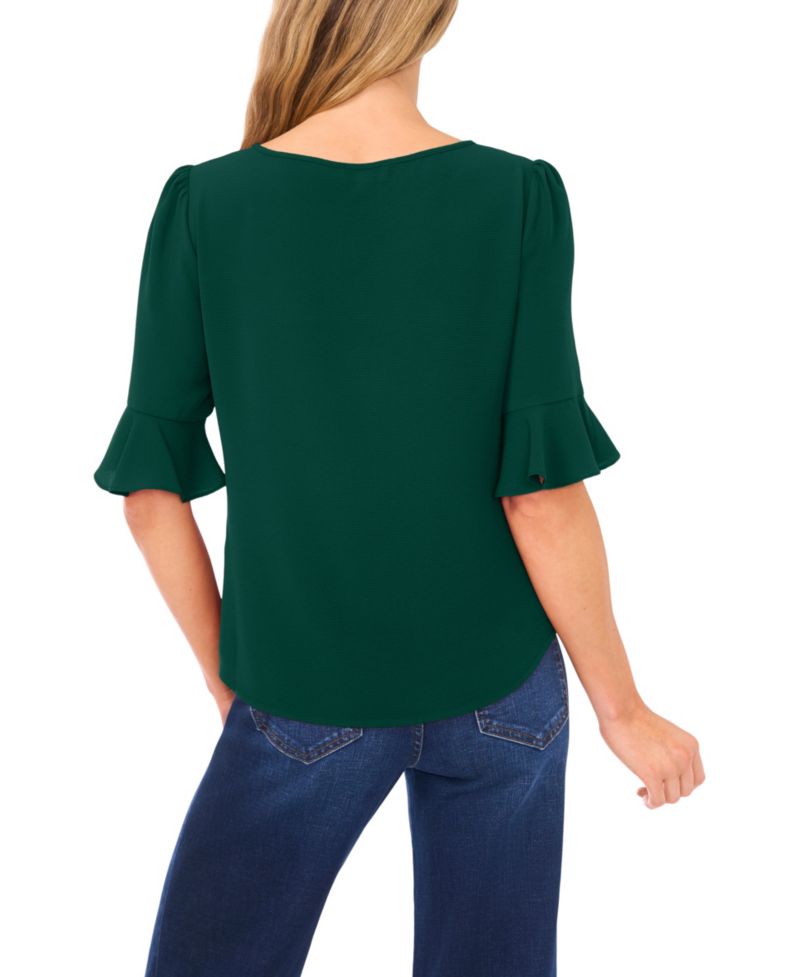 Women's Split Tie Neck Ruffle Cuff 3/4-Sleeve Top