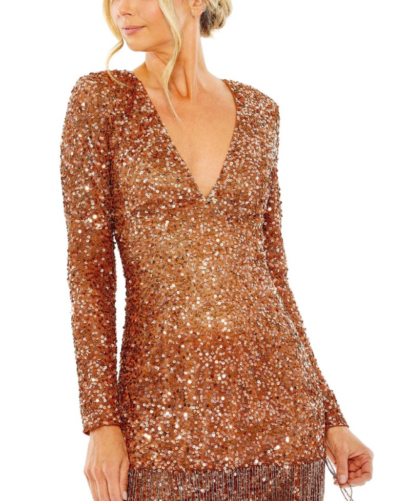 Women's V Neck Long Sleeve Sequin Dress with Fringe Detail