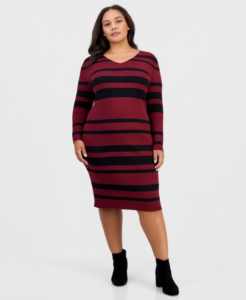Plus Size Long-Sleeve Stripe Midi Sweater Dress