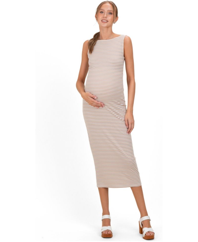 Women's Olive Striped Boat Neck Sleeveless Midi Dress