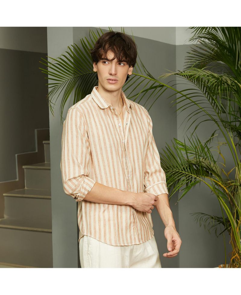 Men's Tan Brown Heathered-Stripe Shirt