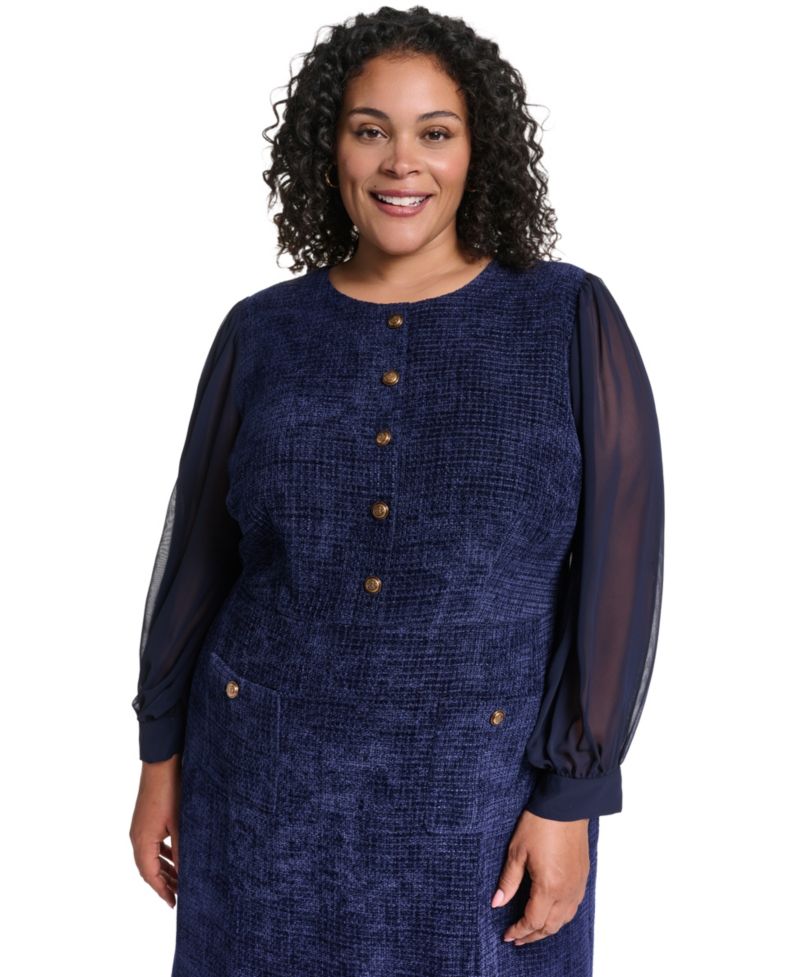 Petite Crewneck Sheer Long-Sleeve Knee-Length Dress