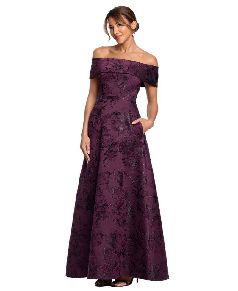 Petite Off-The-Shoulder Brocade Print Ball Gown