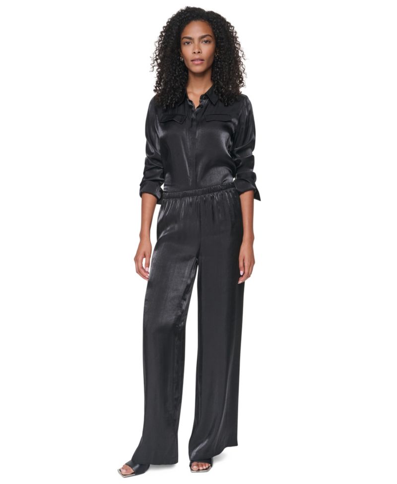 Petite East River Shine Wide-Leg High-Rise Satin Pants