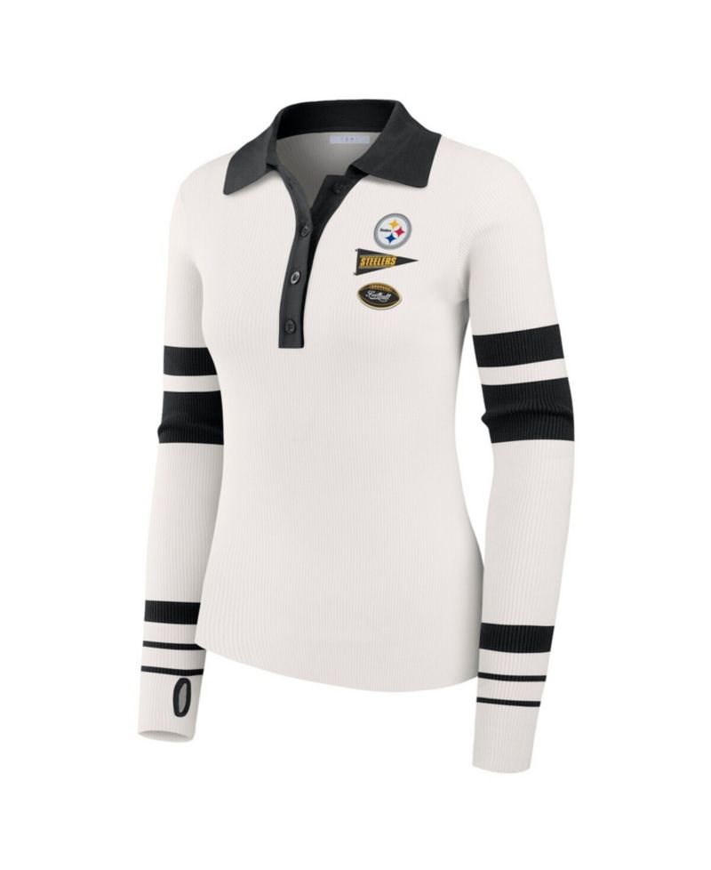 Women's White Pittsburgh Steelers Ribbed Henley Polo Sweater