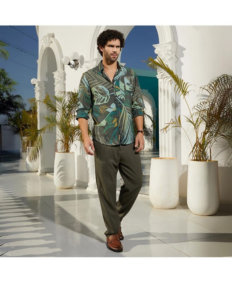 Men's Jungle Green Palm Print Casual Shirt