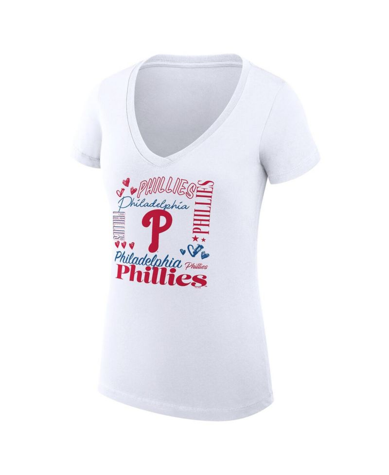 Women's White Philadelphia Phillies Super-Slim Fit Lightweight Collage Team Graphic V-Neck T-Shirt