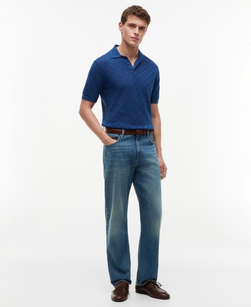 Men's Regular-Fit Open Knit Pattern Short-Sleeve Sweater Polo