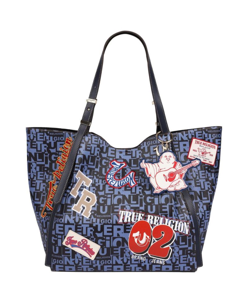 Women's Multi Patch Graphic Tote Bag with Buddha Charm and Adjustable Shoulder Straps