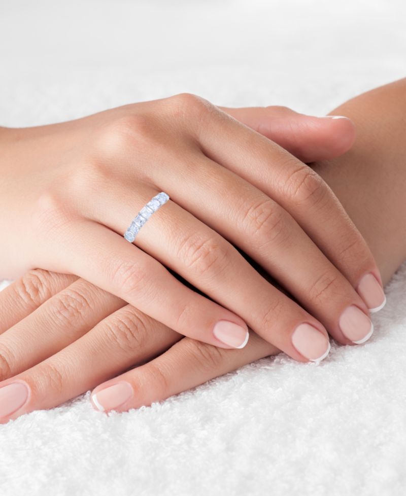 White Princess Cut Cubic Zirconia Eternity Band in Rhodium Plated Sterling Silver