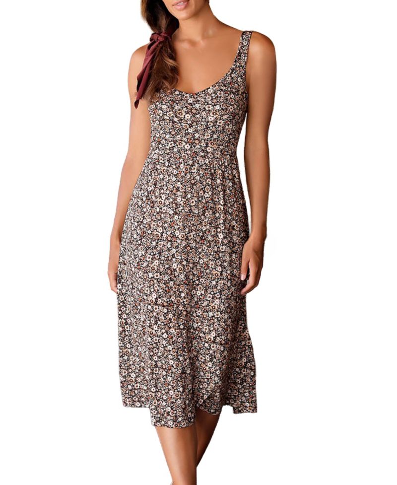 Women's Viscose Floral Print Bow Detail Cutout A-Line Midi Dress