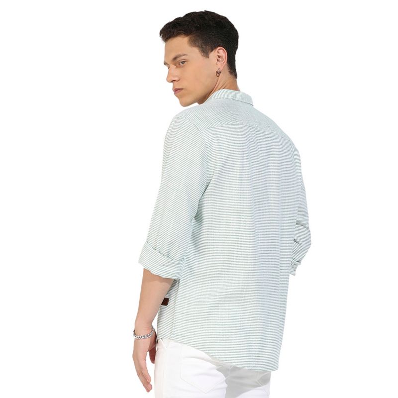 Men's White and Green Horizontal Chalk Striped Shirt