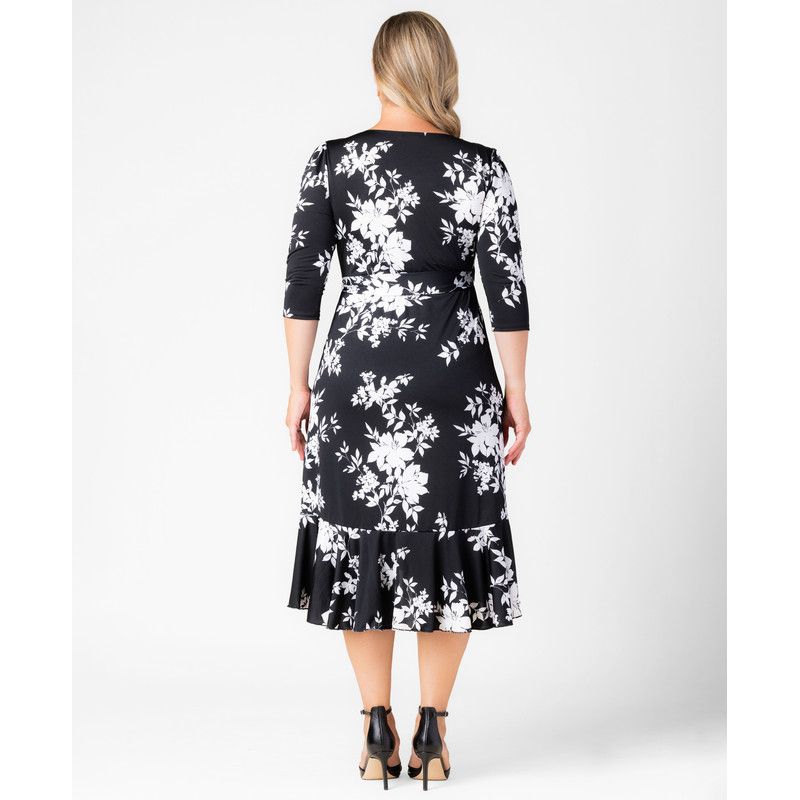 Plus Size Flirty Flounce Midi Wrap Dress with 3/4 Sleeves