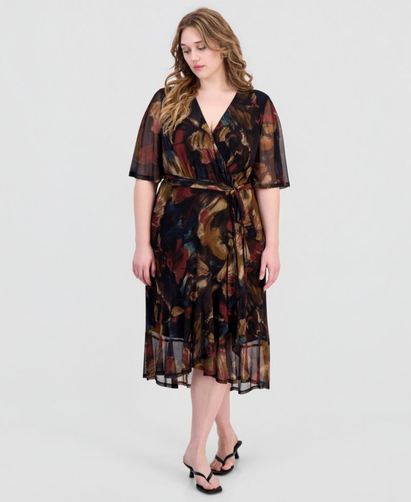 Plus Size Printed Flutter-Sleeve Faux-Wrap Midi Dress