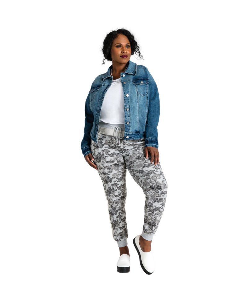 Plus Size Curvy Grey French Terry Floral Jogger Pants