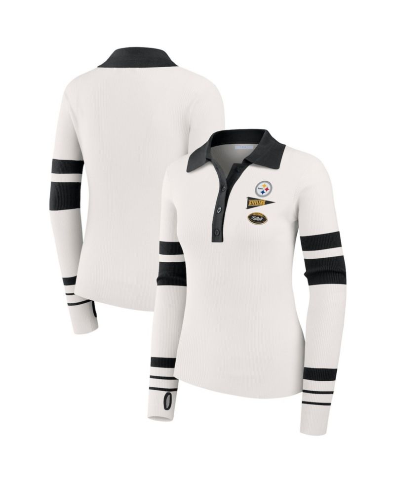 Women's White Pittsburgh Steelers Ribbed Henley Polo Sweater