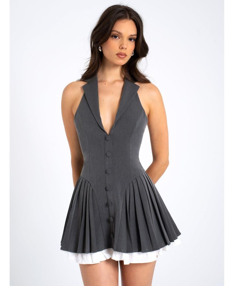 Women's Hazel Grey Preppy Halter Neck Pleated Mini Dress