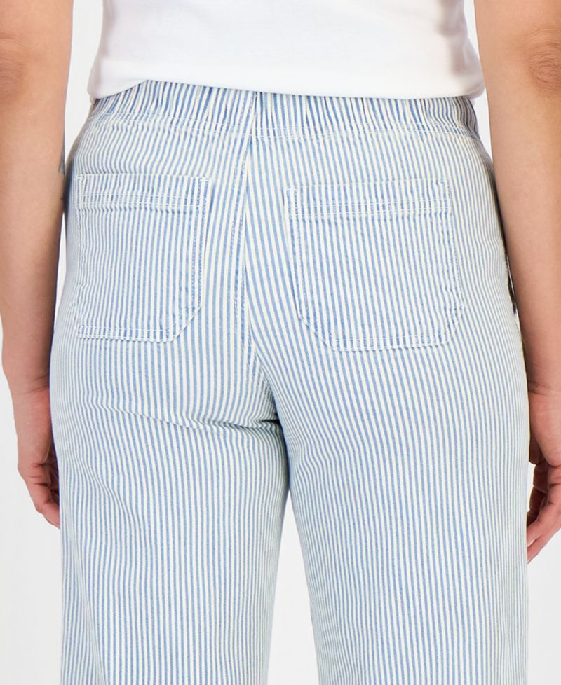 Petite Engineer-Stripe Pull-On Wide-Leg Jeans