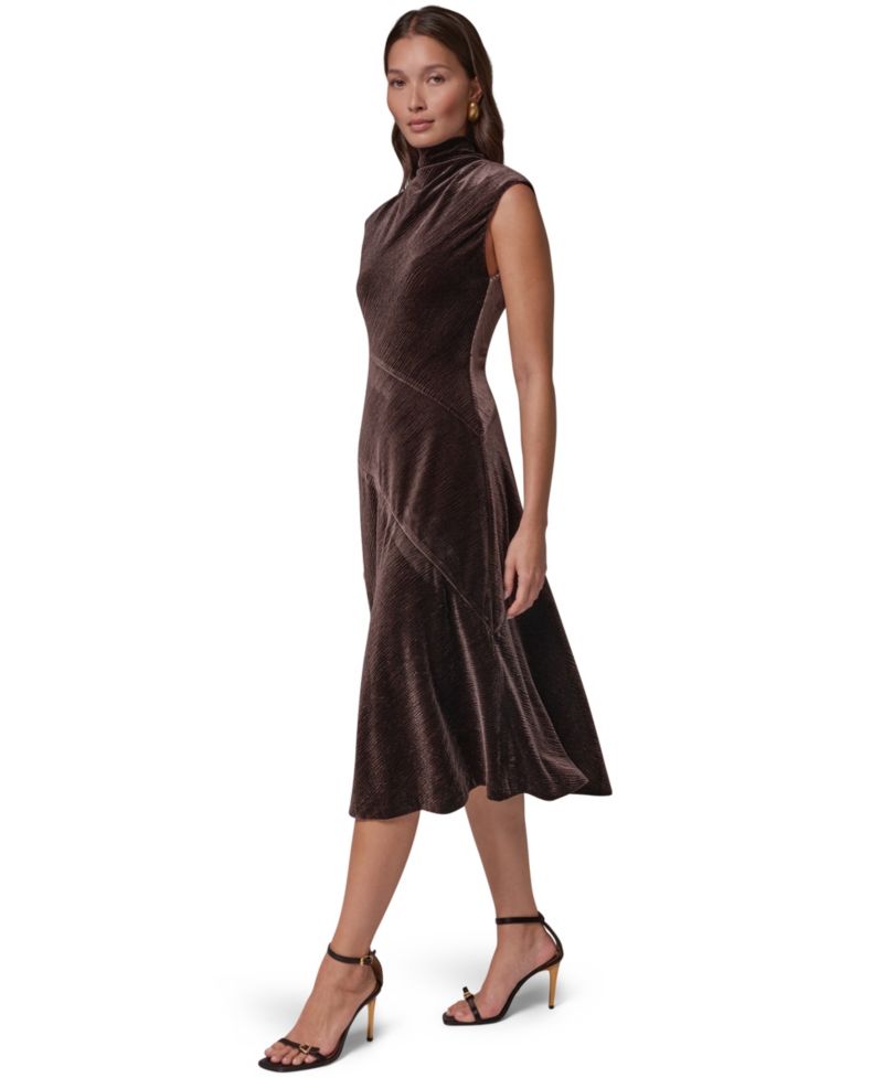 Women's Mock Neck Crinkled Velvet A-Line Dress
