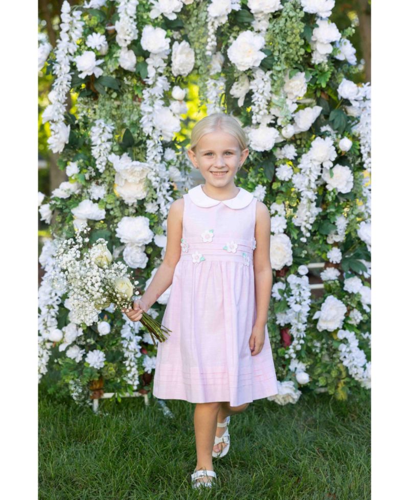Little Girls Linen Look Dress With Flowers