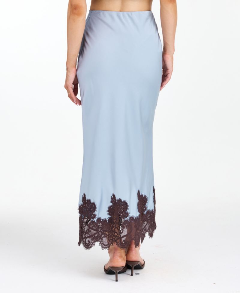 Women's High-Waisted Crepe Satin Maxi Skirt with Lace Trim
