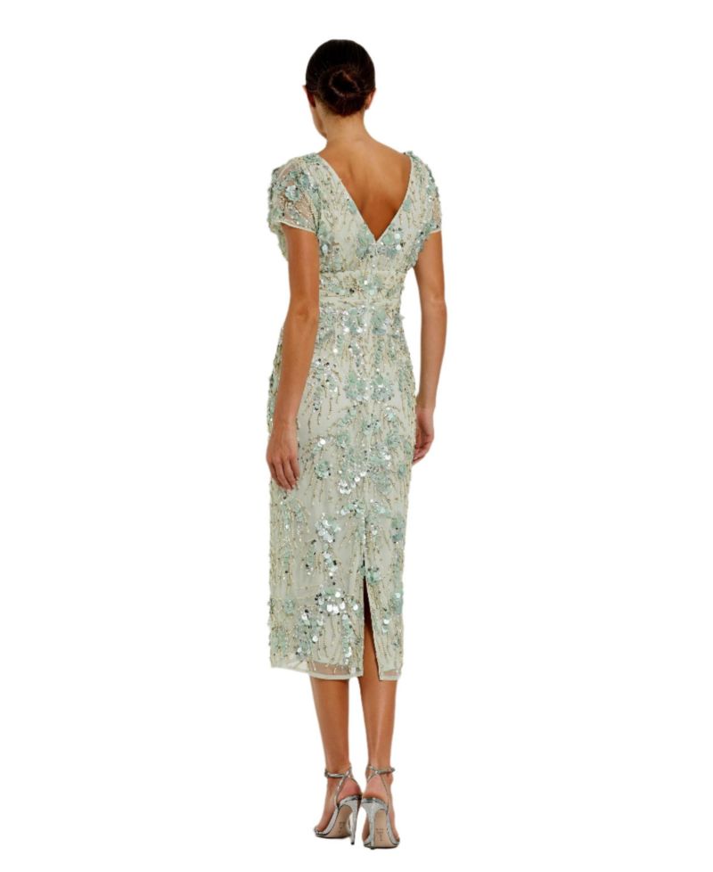 Women's Embellished Mesh Fitted Short Sleeve Midi Dress